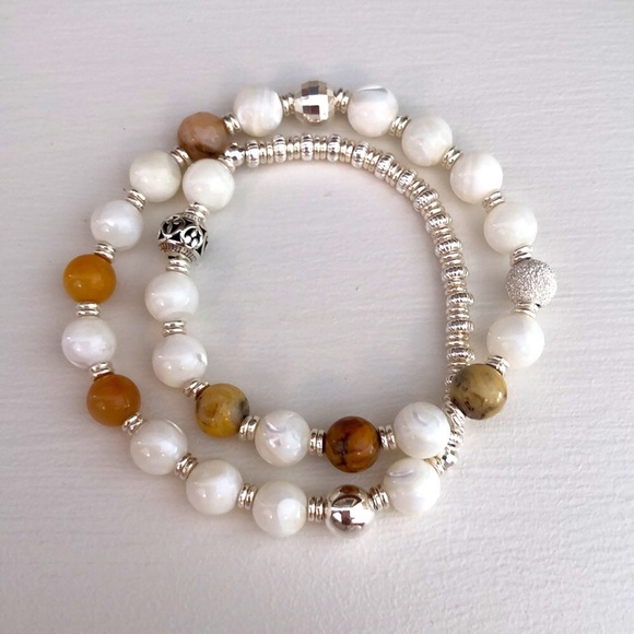 Lori D Designs Jewelry - Mother of Pearl Gemstone & Sterling Silver Double Wrap Beaded Bracelet